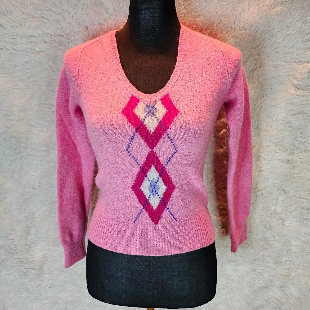 Express Women's Pink 100% Wool Knitted V-neck Argyle Sweater S